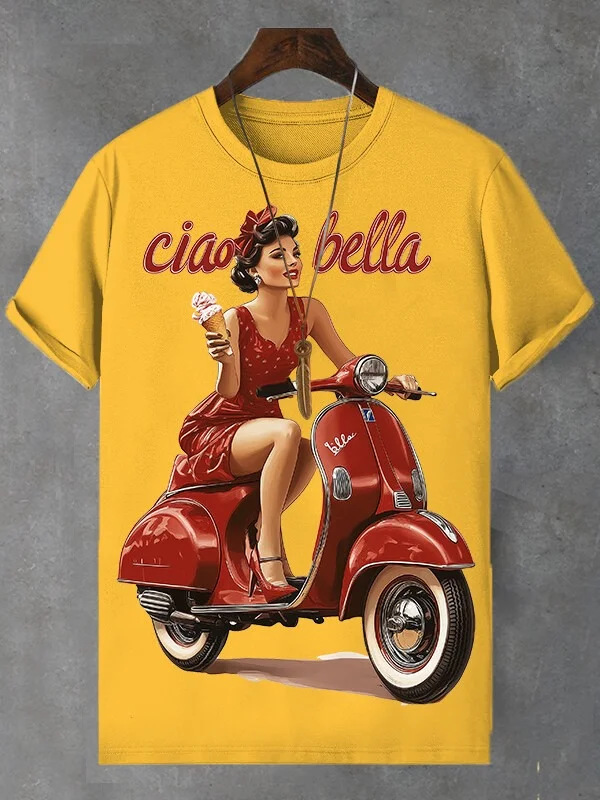 Men's Girl Moped Ciao Bella Travel Print Cotton Casual T-Shirt