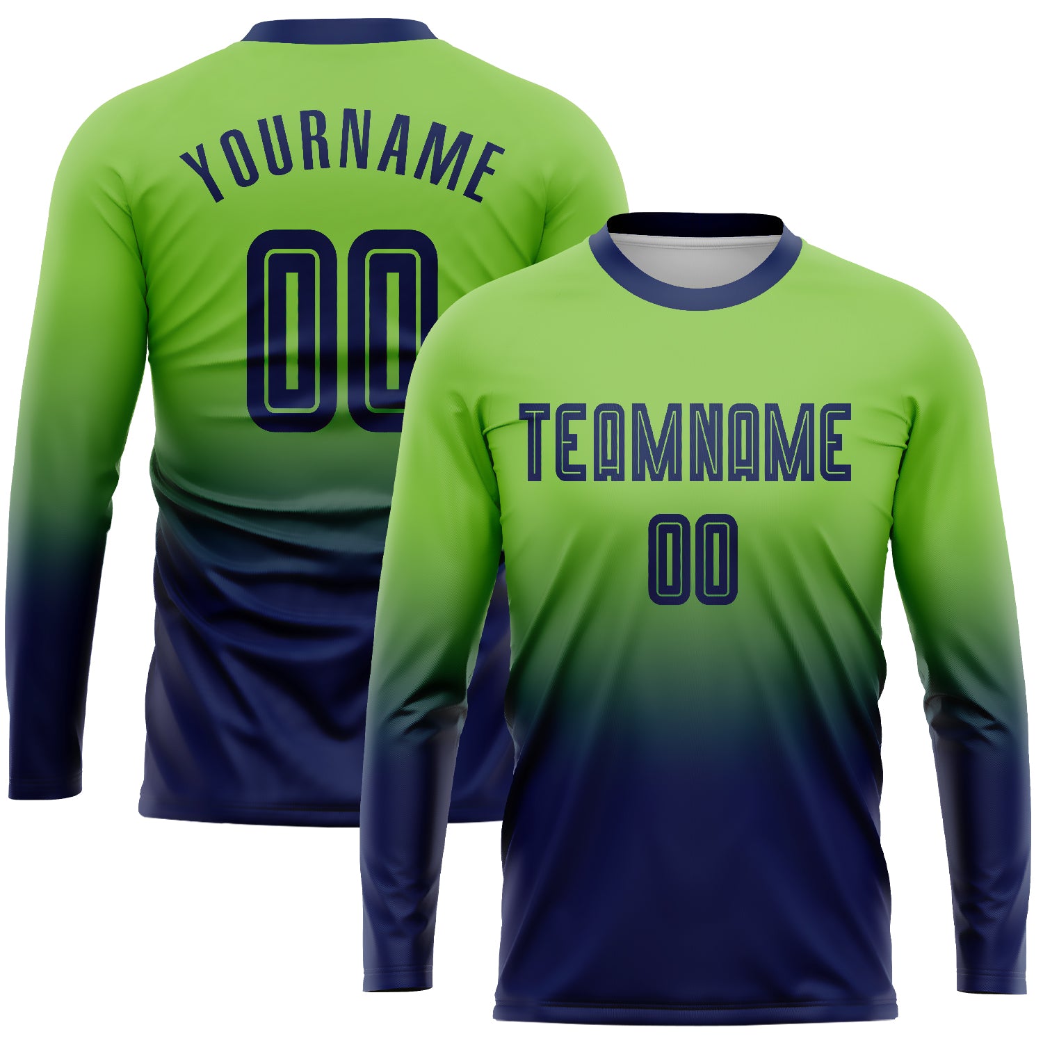 Custom Neon Green Navy Sublimation Long Sleeve Fade Fashion Soccer Uniform Jersey | captainssportss.com