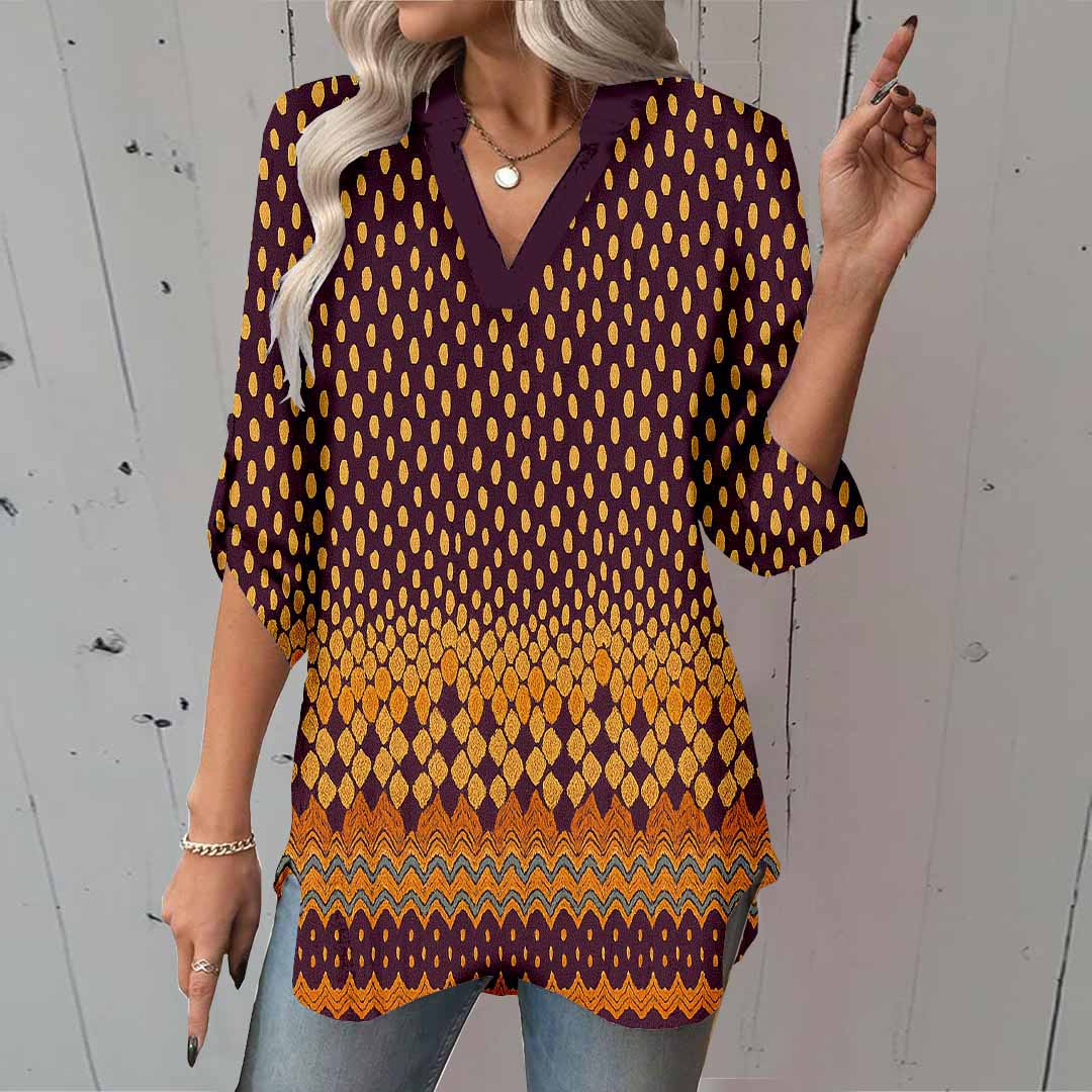 Women Polka-Dot,Red,Black DZGA0315 3/4 Sleeve V-neck Printed Graphic Button Tops