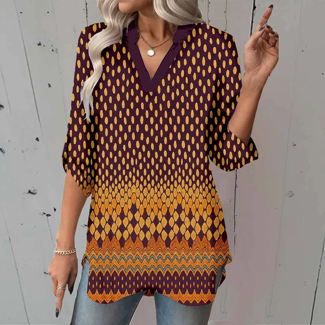 Women Polka-Dot,Red,Black DZGA0315 3/4 Sleeve V-neck Printed Graphic Button Tops