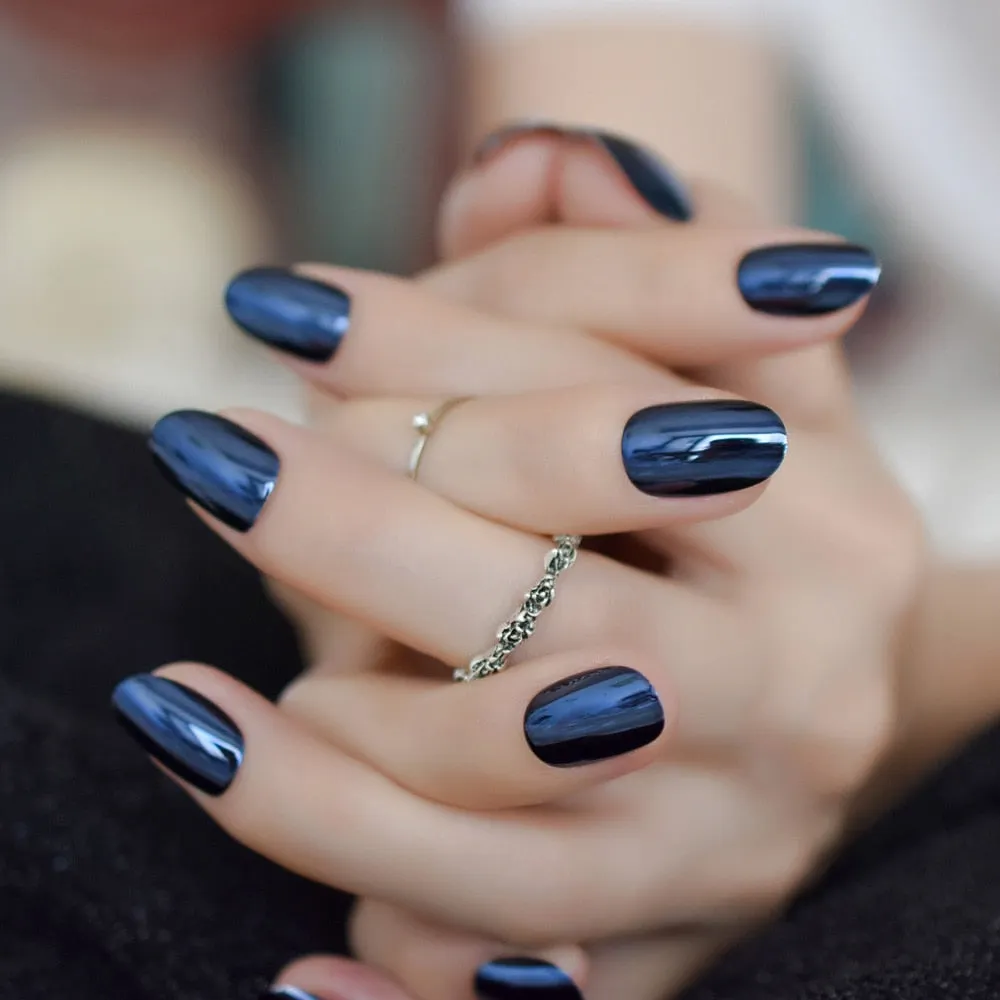 Gorgeous Blue Mirror Fake Nails Oval Metallic Quality Glamour Nail Art Designed Tips with Glue Sticker Perfect for daily wear-Nail Inspo