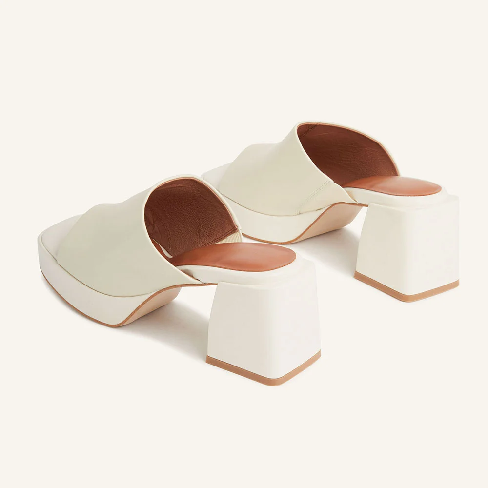 Ivory Open Square Toe Block Heel Simple Platform Slide Sandals