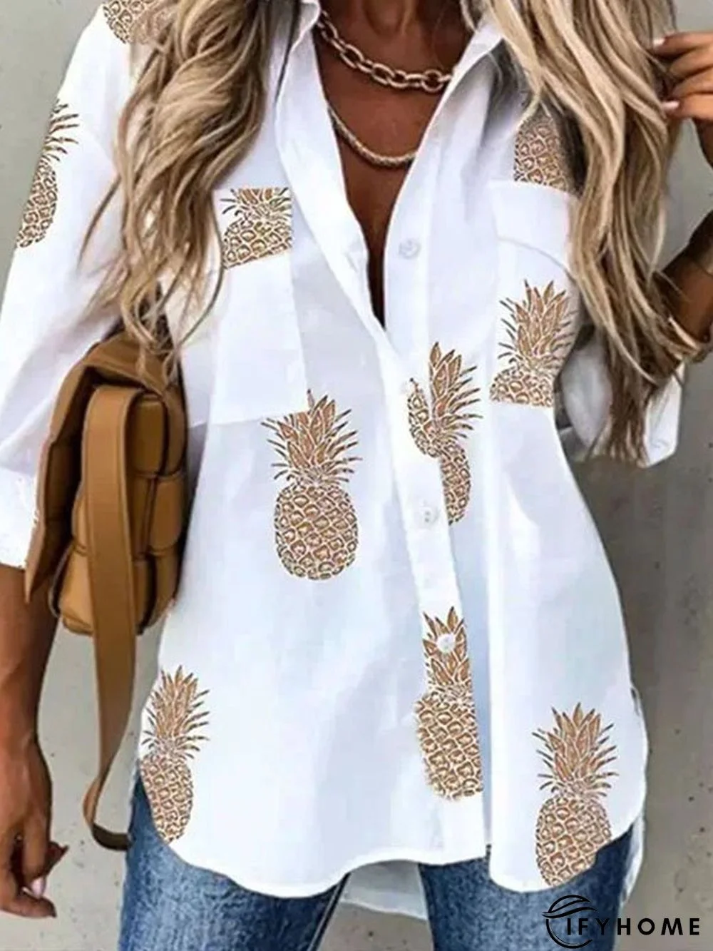 Casual Pineapple Shirt Collar Long Sleeve Blouse | IFYHOME