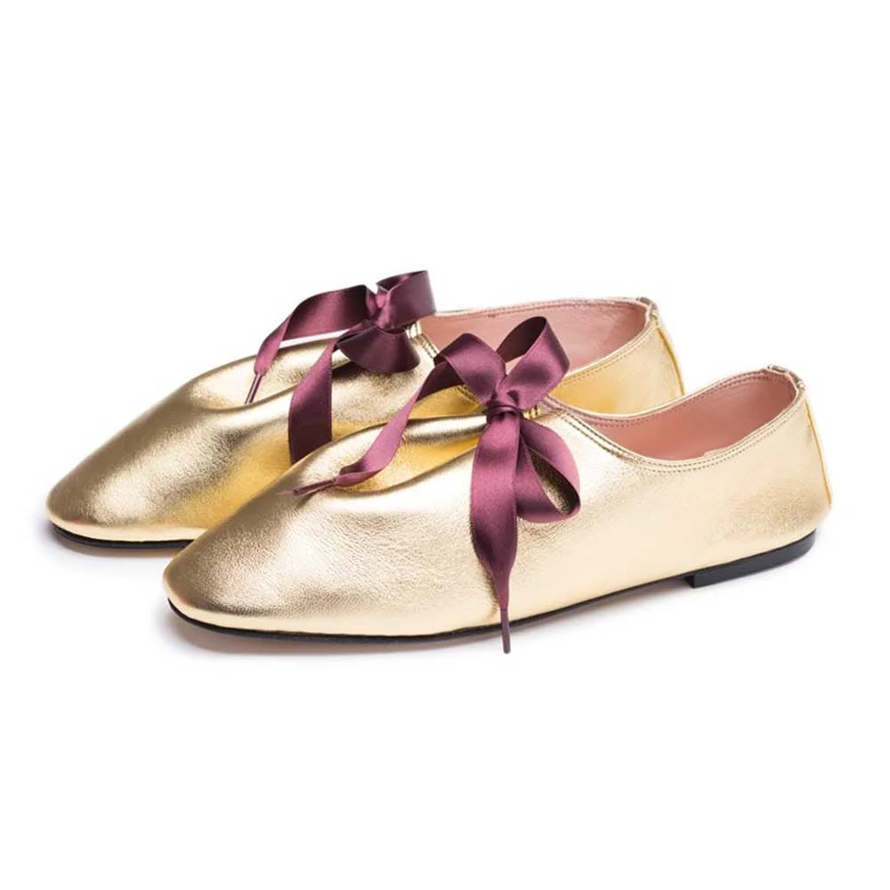 Women's Gold Faux Leather Round Toe Ballet Flats with Wine Bow