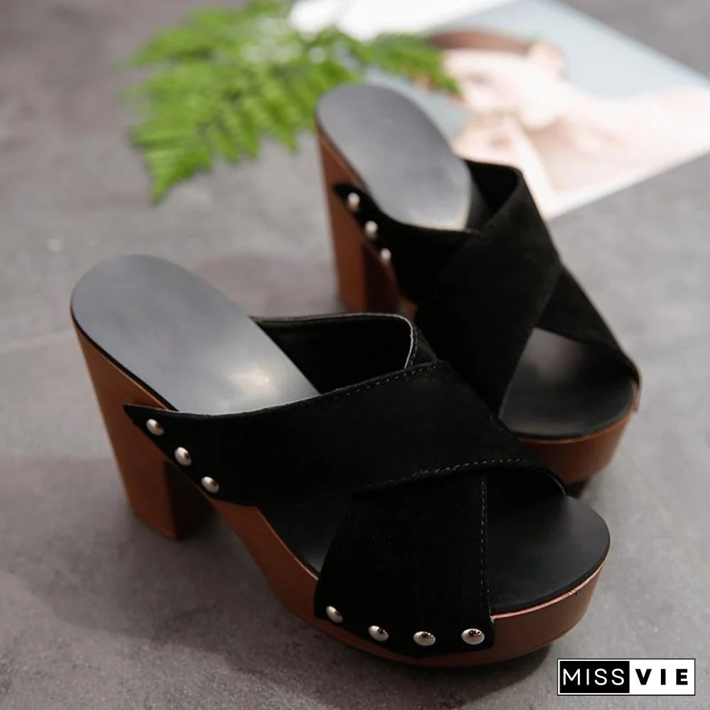 Women Cross Strap Chunky Heel Sandals Thick High-Heeled Flip Flop Open Toe Sandals