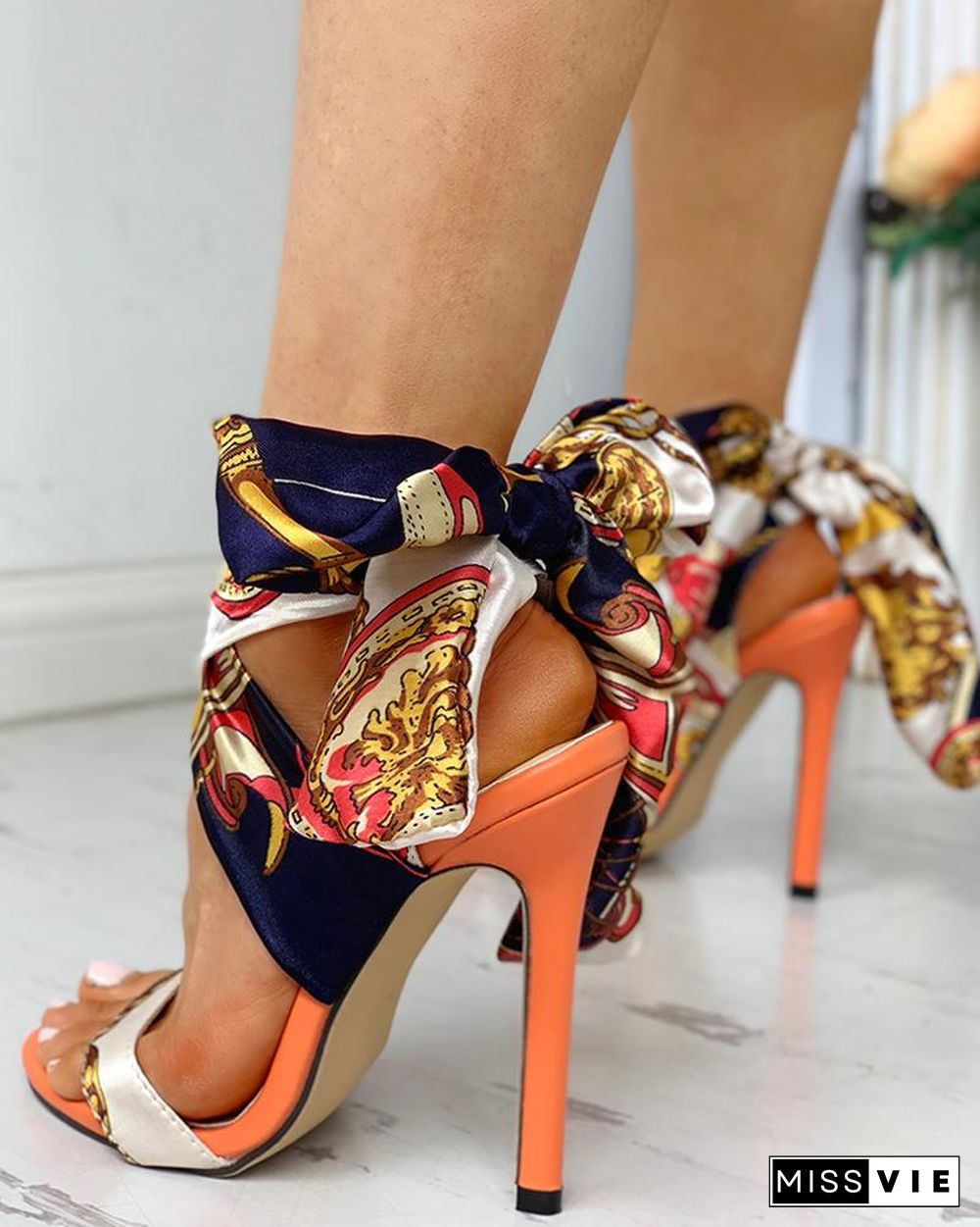 Satin Print Knotted Detail Thin Heeled Sandals