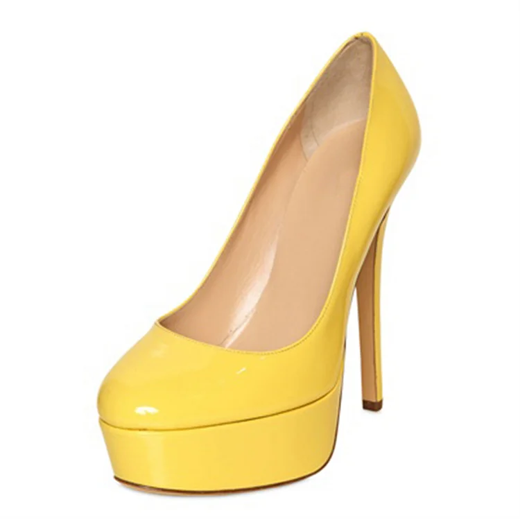 Daisy Yellow Platform Heels Round Toe Low-Cut Upper Pumps Shoes |FSJ Shoes
