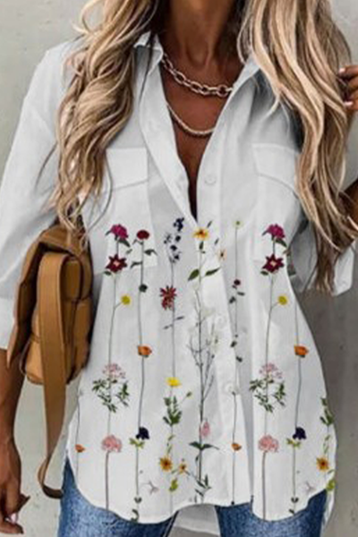 Casual Floral Buckle Turndown Collar Tops(4 Colors) - Life is Beautiful for You - SheChoic