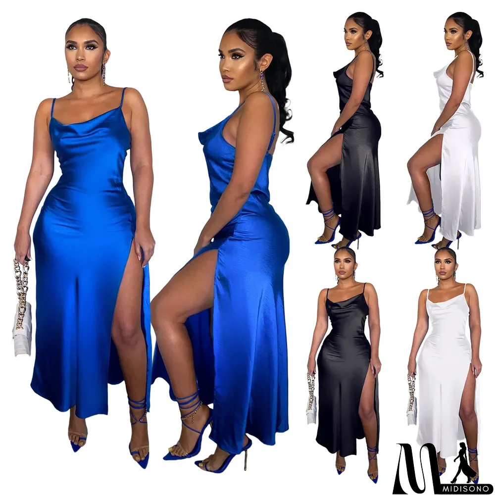 MidiSono - Solid Slip Glossy Side Slit Dress