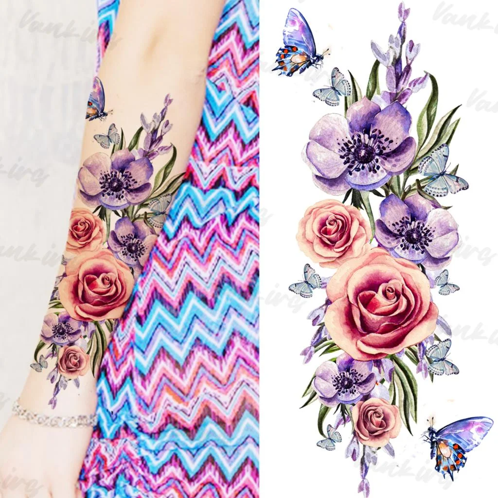 Sdrawing Flower Temporary Tattoos For Women Girls Realistic Lavender Butterfly Flower Fake Tattoo Sticker Forearm Body Tatoos 3D