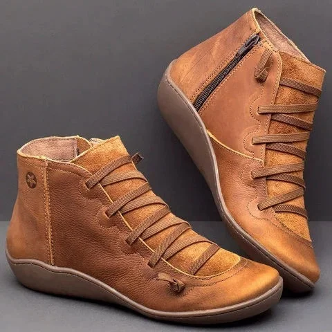 Women plus size clothing New Leather Ankle Boots Autumn Vintage Lace Up Women Shoes Comfortable Flat Heel Boots Female Zipper Short Boots Dropshipping-Nordswear