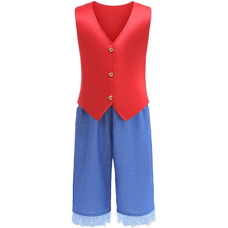 Kids Children One Piece Luffy Red And Blue Outfits Cosplay Costume Halloween Carnival Suit