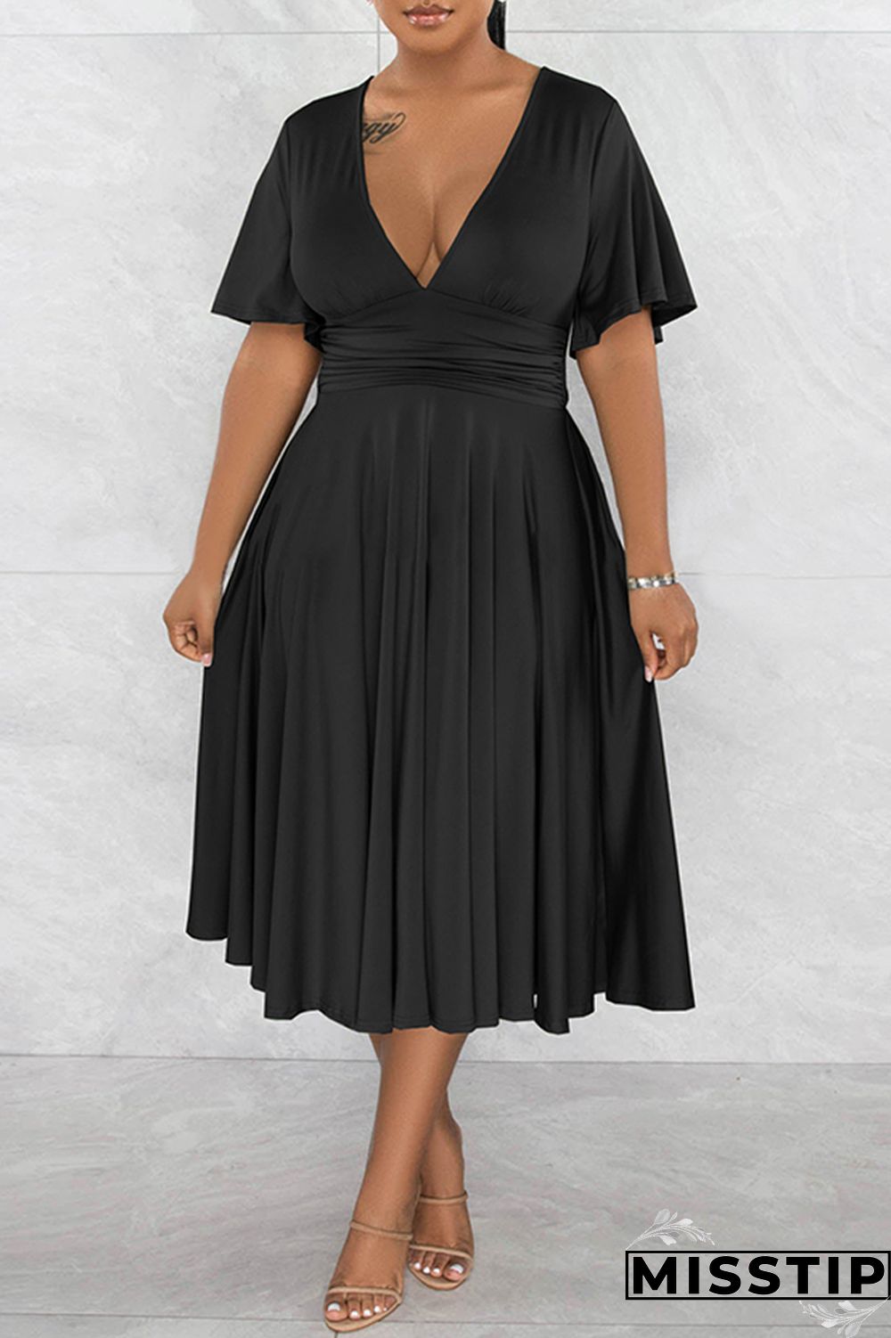 Black Casual Solid Patchwork V Neck Short Sleeve Dress