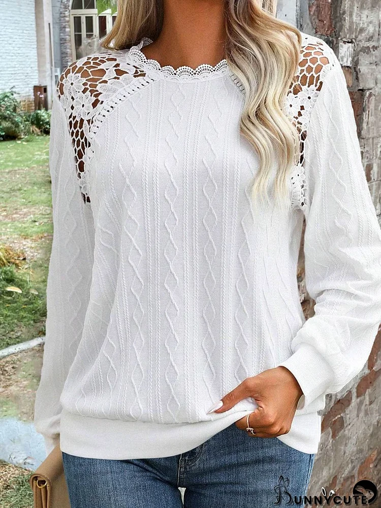 Women's Long Sleeve Scoop Neck Solid Color Lace Top