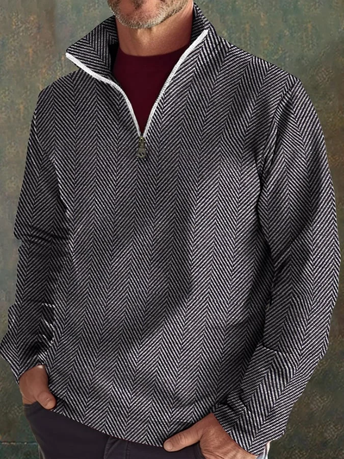 Men's Western Retro Herringbone Print Design Stand Collar Zipper Sweatshirt