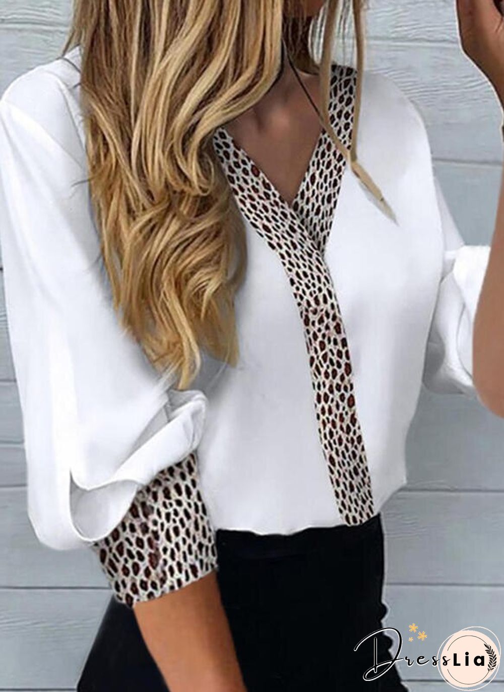 Top Casual V-Neck Hollow Lace Patchwork Long Sleeve Top Women's Workwear Shirt White Top New