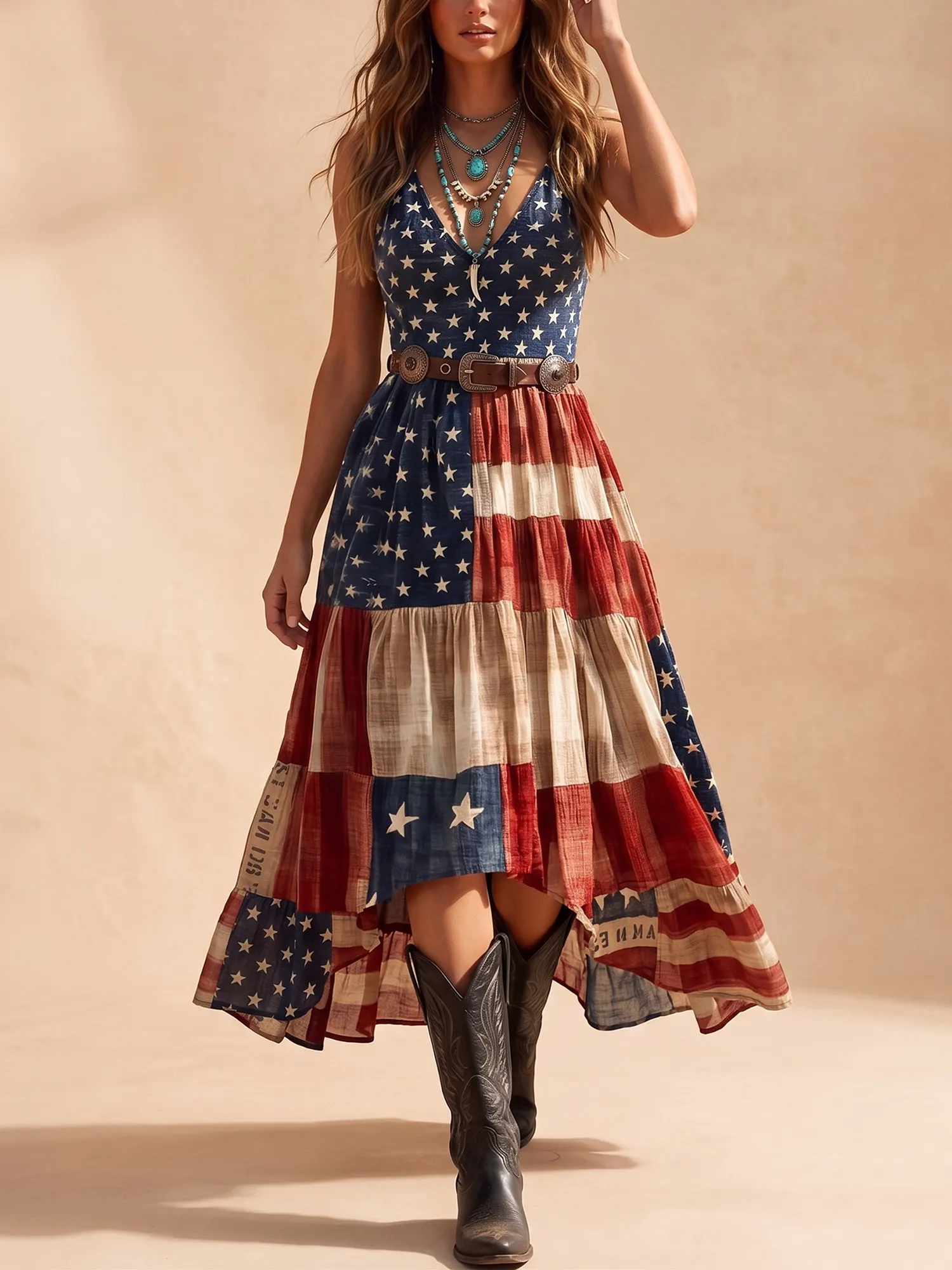 Holiday Dress &mdash; Patriotic and Unrestrained Stars and Stripes Flag Heavy-Duty Appliqu&eacute; Color Block Midi Dress