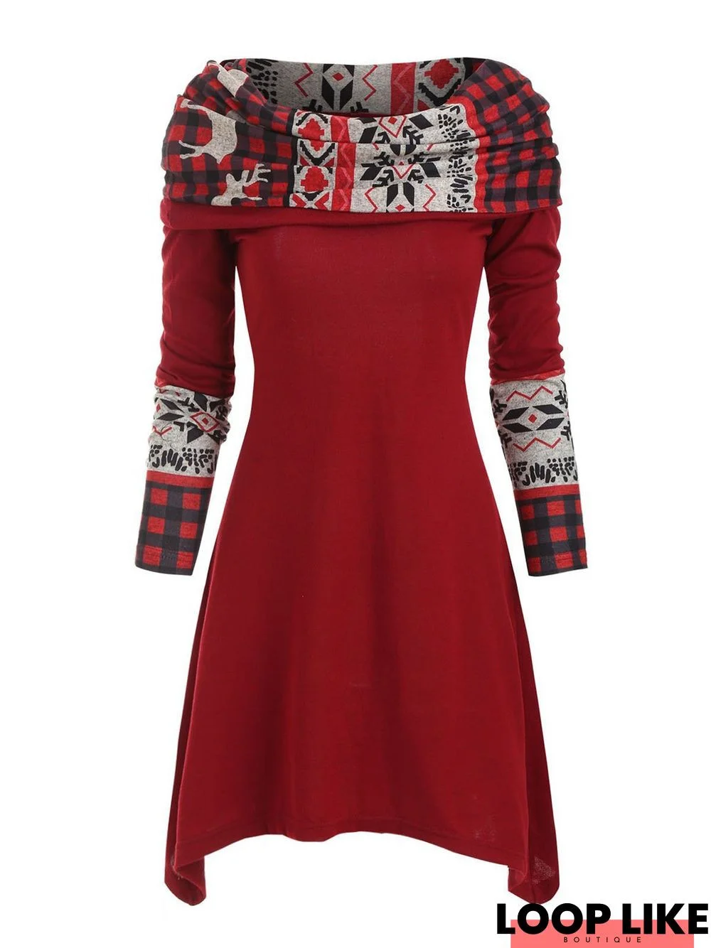 A-Line Cowl Neck Long Sleeve Weaving Dress