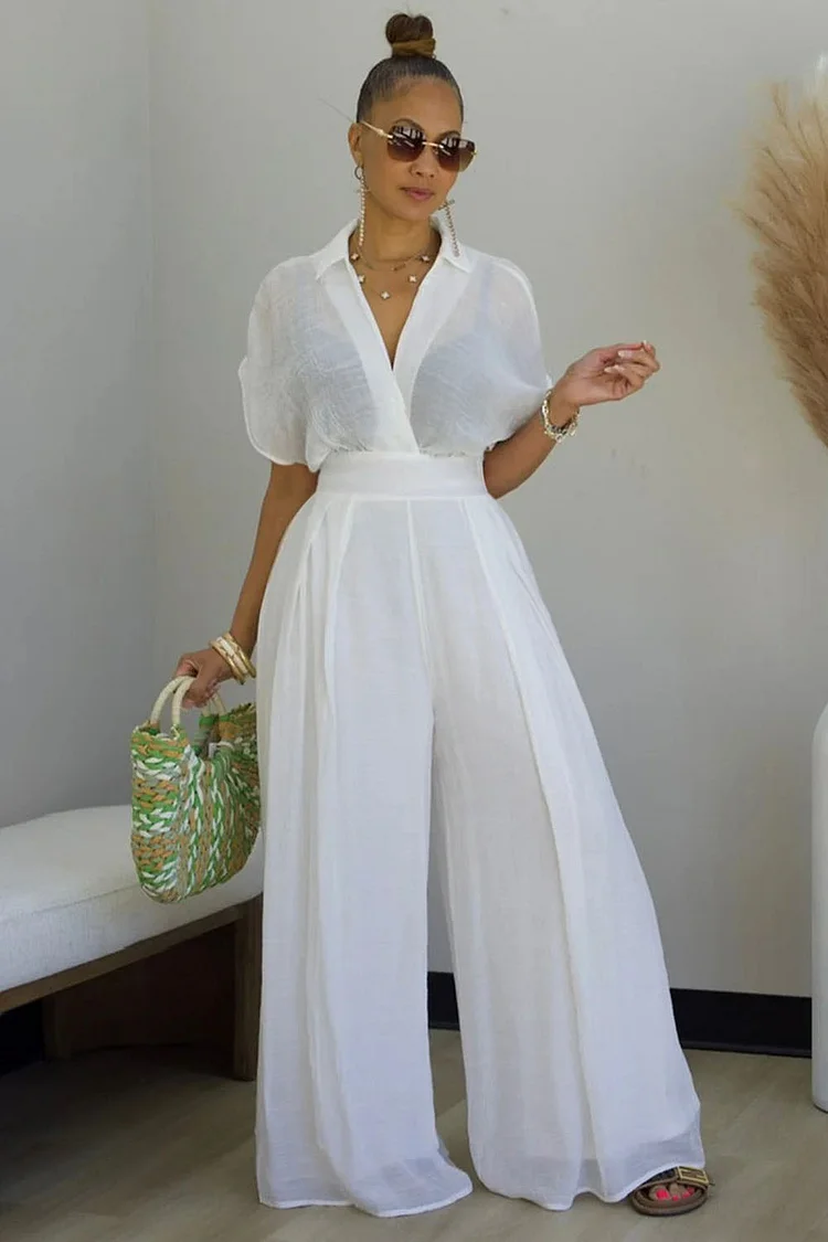 Semi-Sheer Surplice Neck Dropped Shoulder Wide Leg Jumpsuit-White [Pre Order]