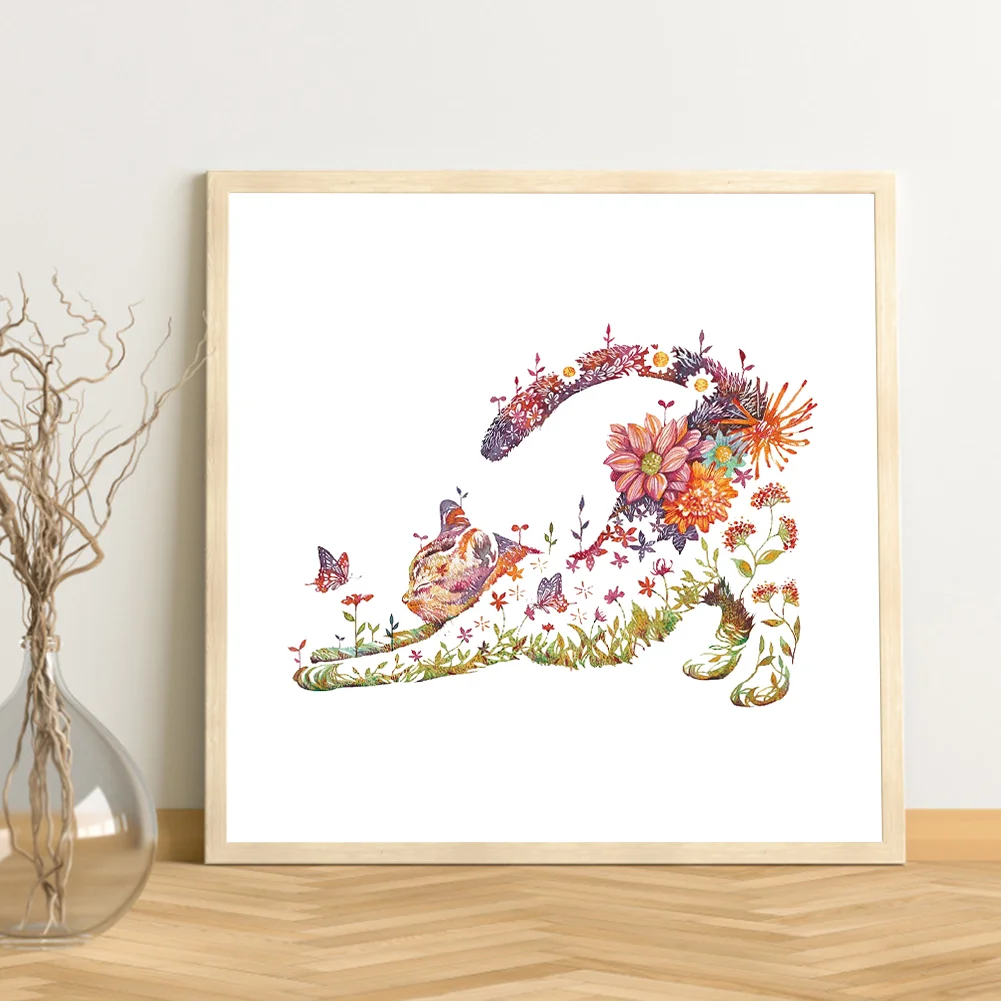 14CT Counted Partial Cross Stitch - Flowers Cat(40*40cm)