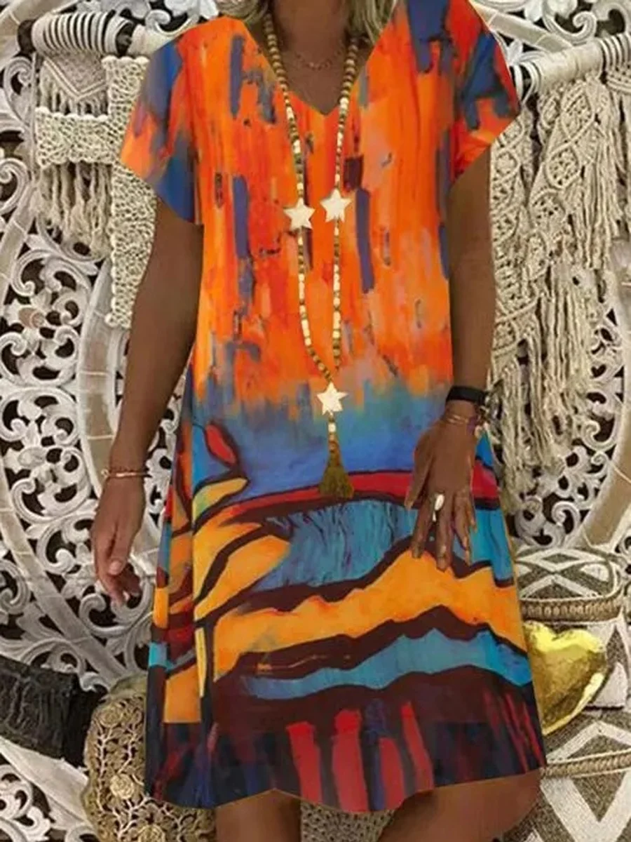 Loose Printed V-Neck Short Sleeve Dress