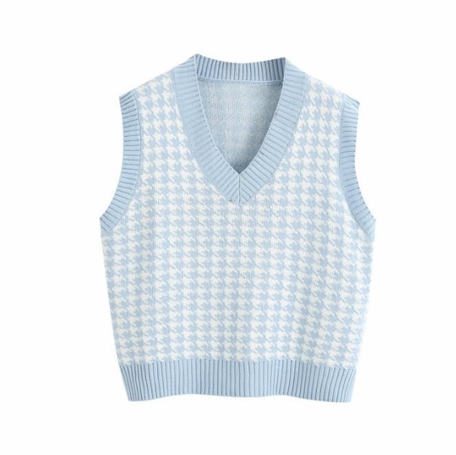 Women Houndstooth Knitted Vest Autumn Casual V-Neck Sleeveless Sweater Tops Winter Fashion Female Waistcoat Pullover Jumper Tops