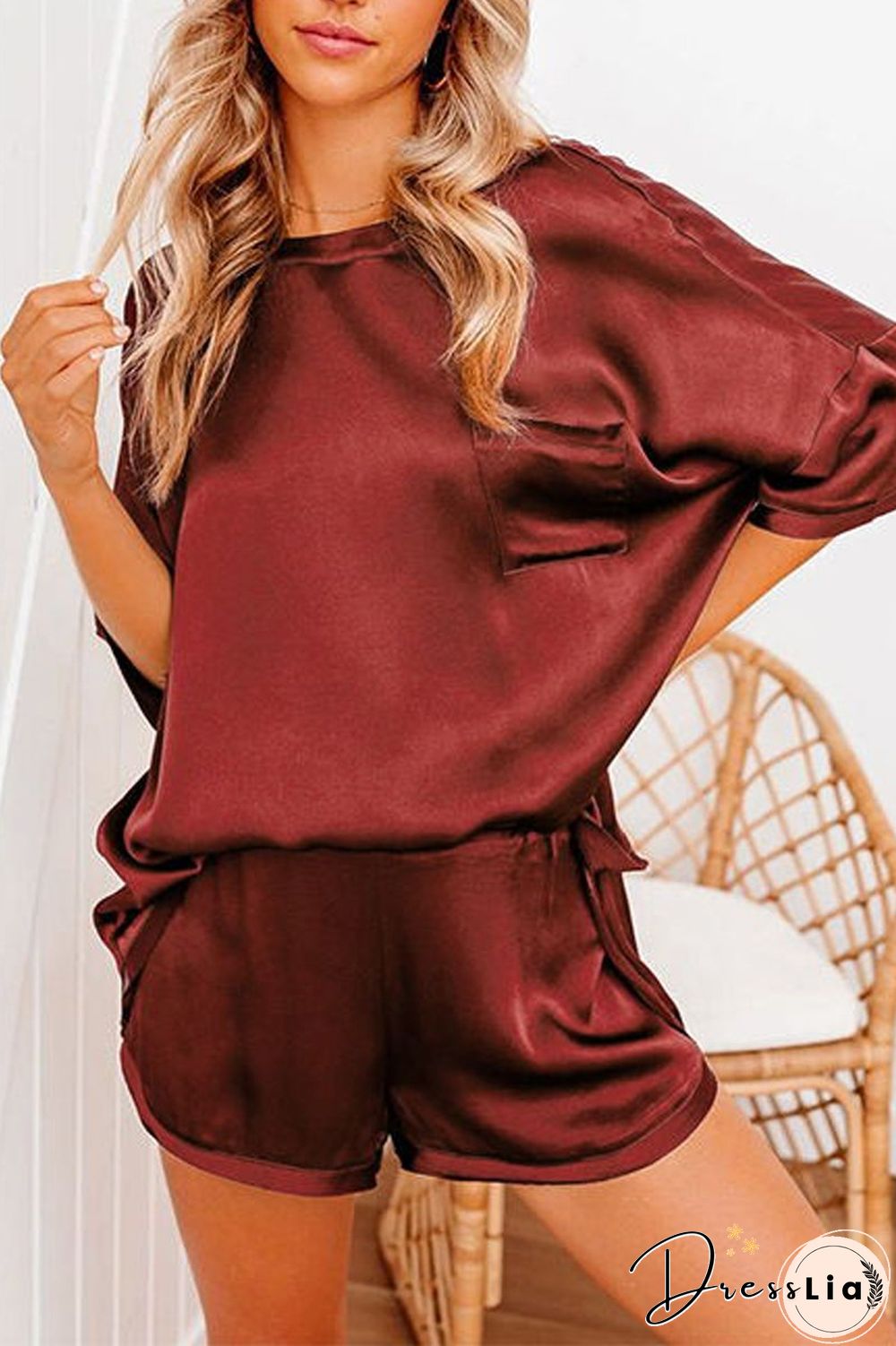 Satin Short Sleeve Two Piece Sets