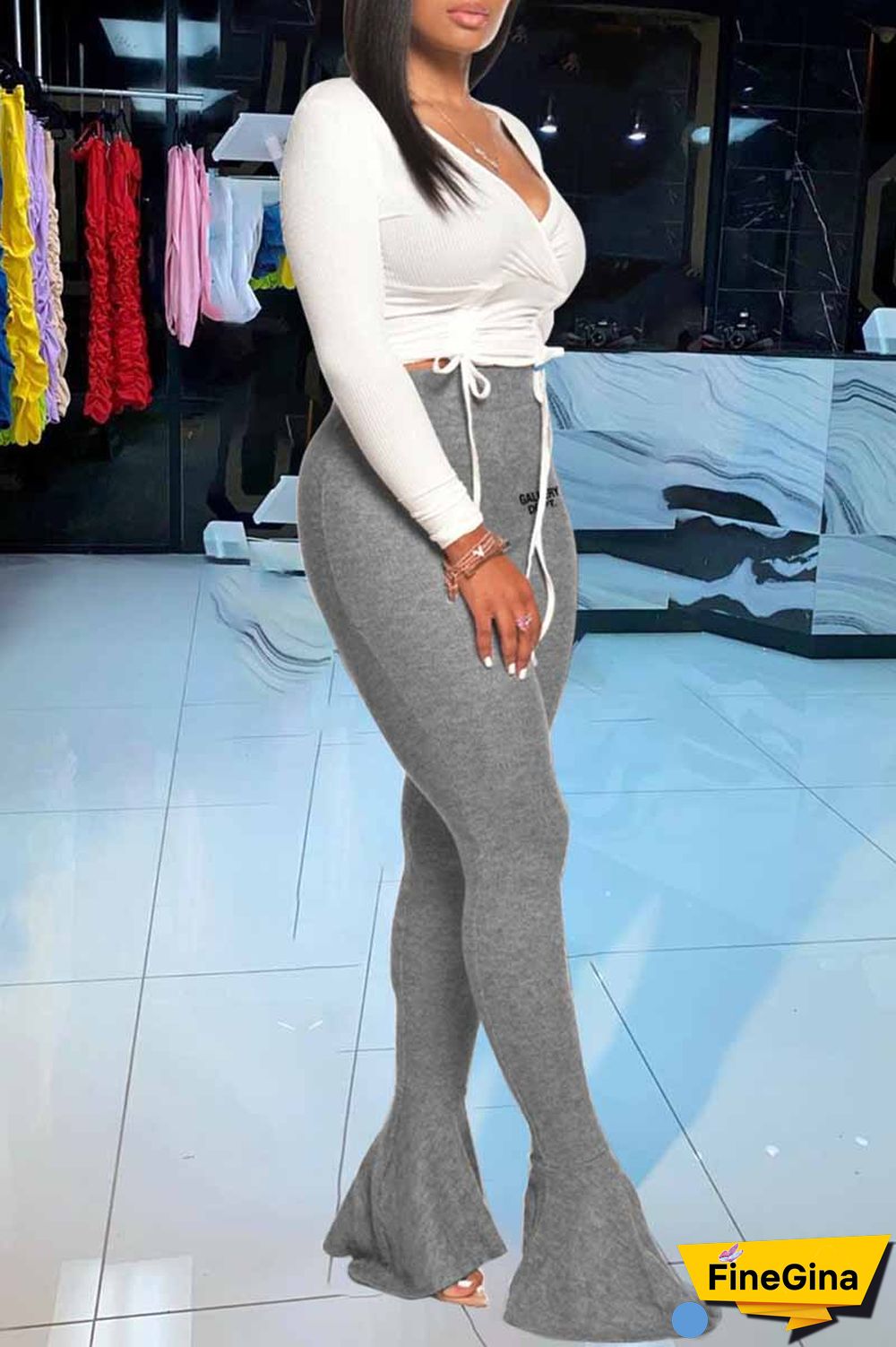 White Grey Casual Print Letter V Neck Long Sleeve Two Pieces