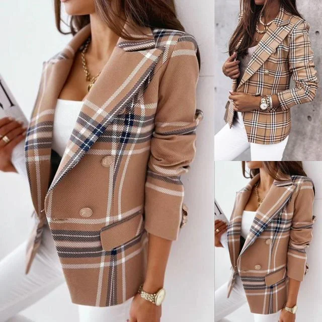 Women's Long-sleeved Plaid Print Suit Jacket