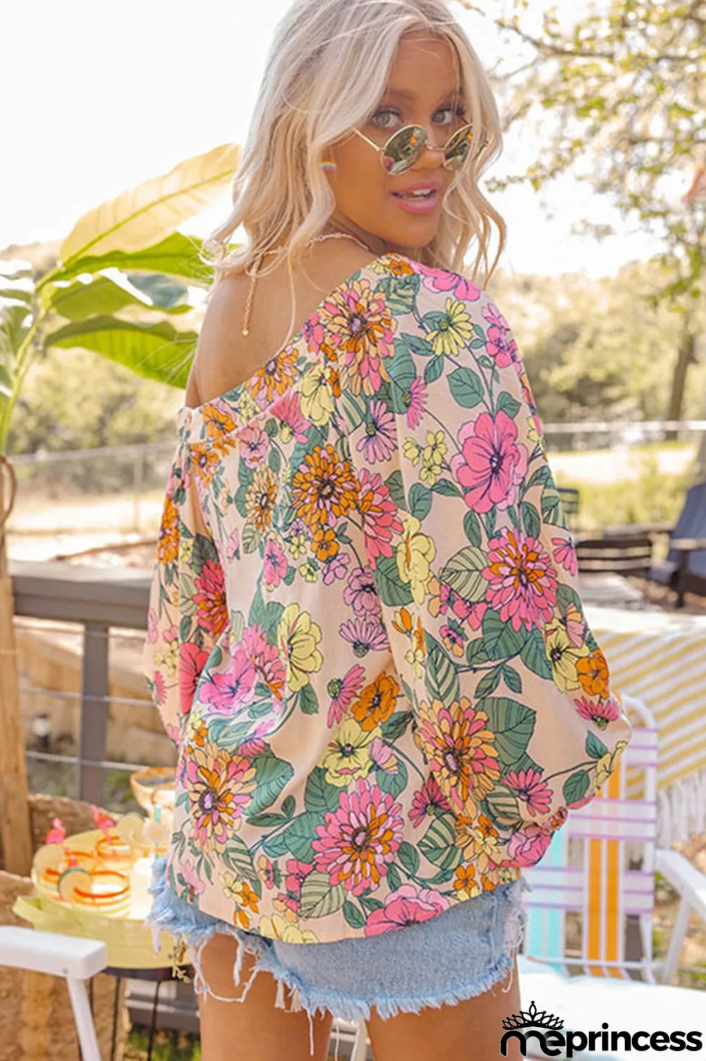 Yellow Colored Drawing Flowers Sexy Off Shoulder Top