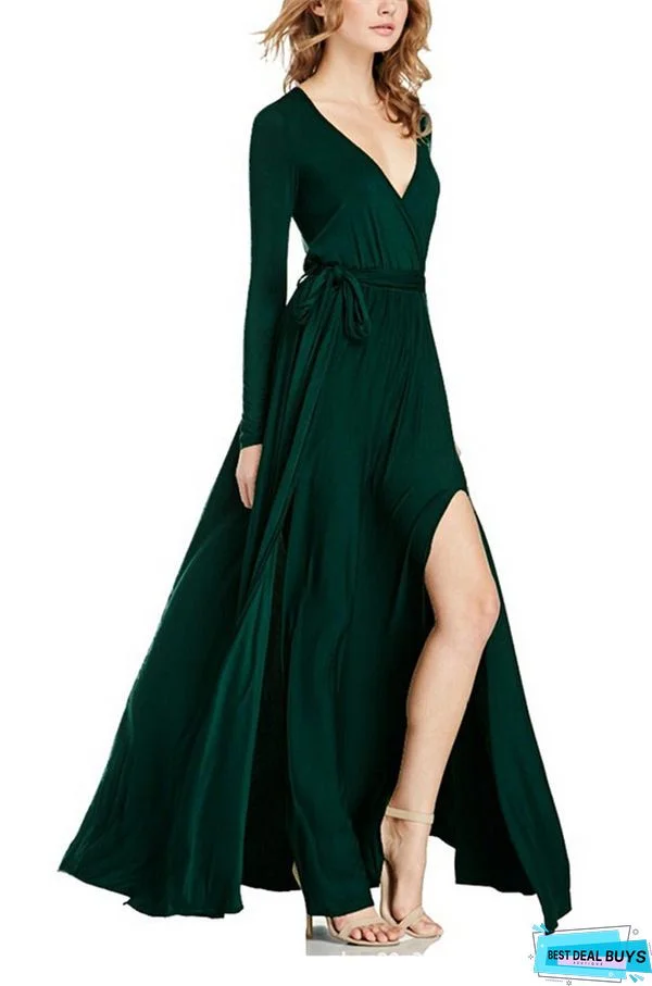 Women's Shift Dress Maxi Long Dress Blue Long Sleeve Solid Color Ruffle Patchwork Summer V Neck Hot Elegant