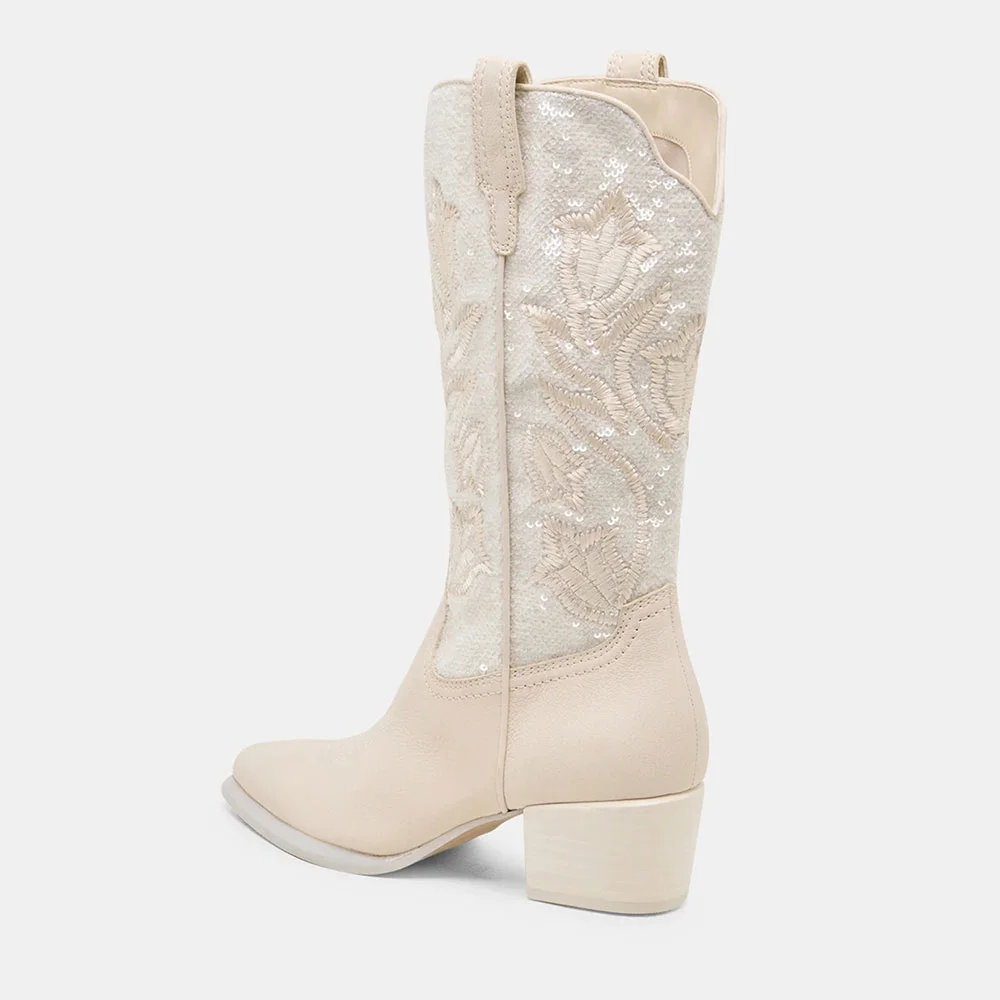Ivory Snip Toe Chunky Heel Embroidered Zipper Sequins Cowgirl Boots