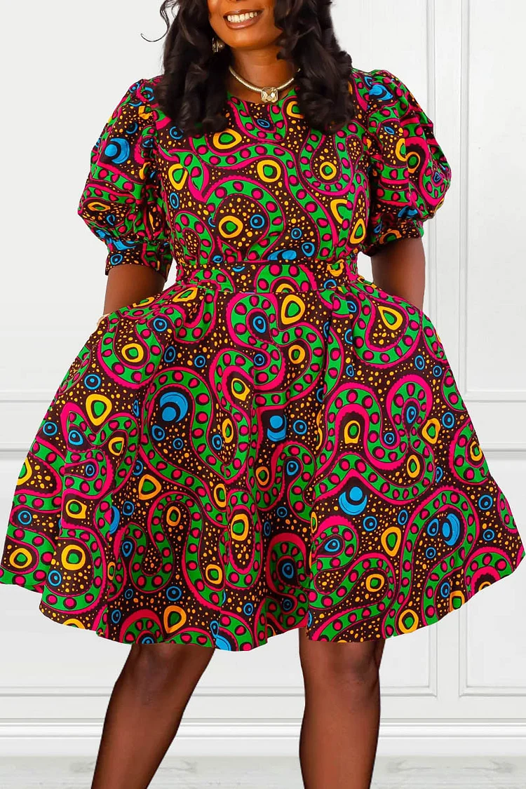 Plus Size Multicolor Daily Ankara African Print With Pocket Mini Dresses