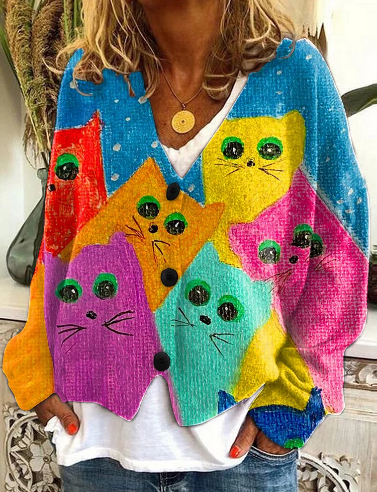 Colorful Cartoon Cat Print Casual Cardigan