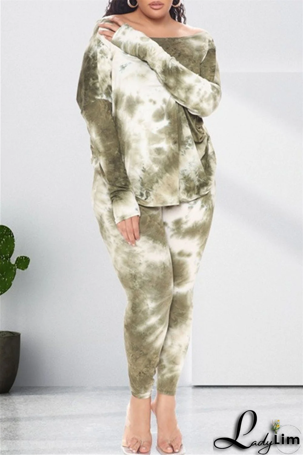 Light Coffee Fashion Casual Print Tie Dye Backless O Neck Long Sleeve Two Pieces