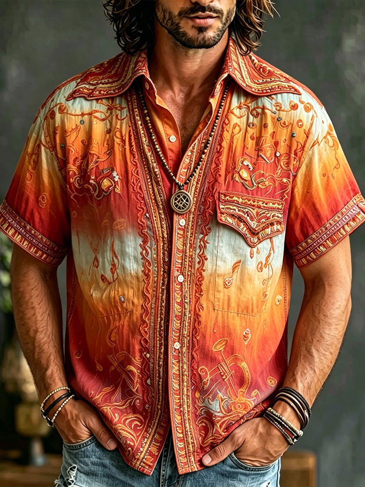 Comstylish 70s Hippie Gradient Music Embroidery Shirt Men Boho Paisley Short Sleeve Vacation Camp Shirt