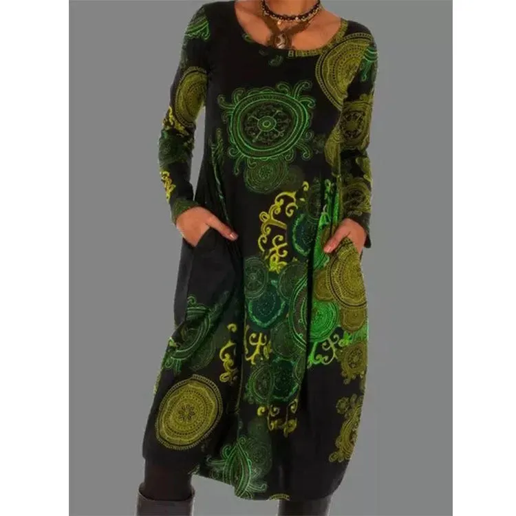 Brownm Polyester Fiber Women's Print Dress Long Pullover