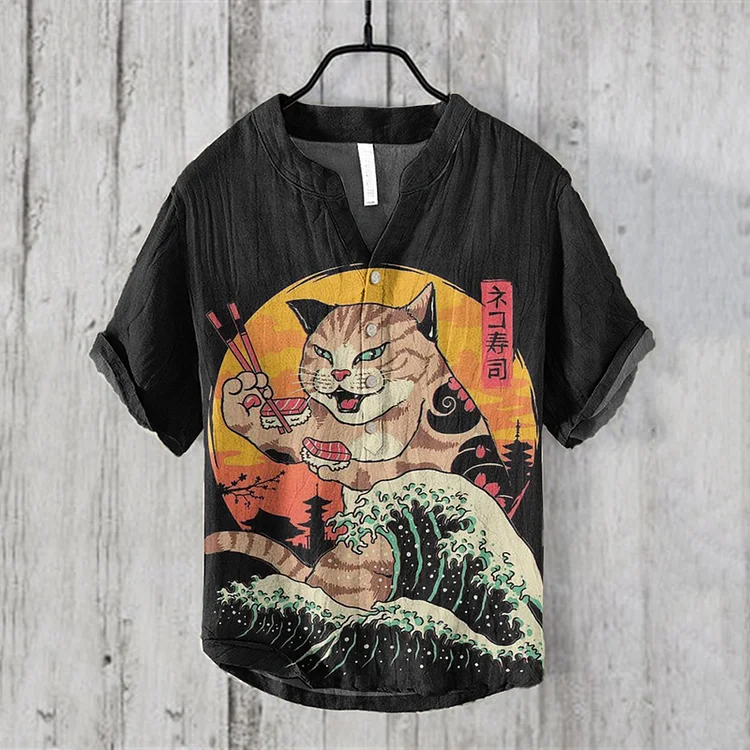 Comstylish Japanese Cat Sushi Art Print Henry Collar Shirt