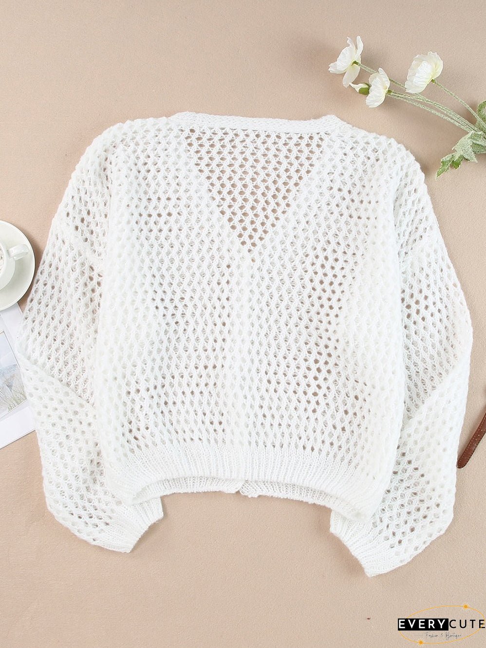 White Crochet Knit V-Neck Button-Up Cardigan