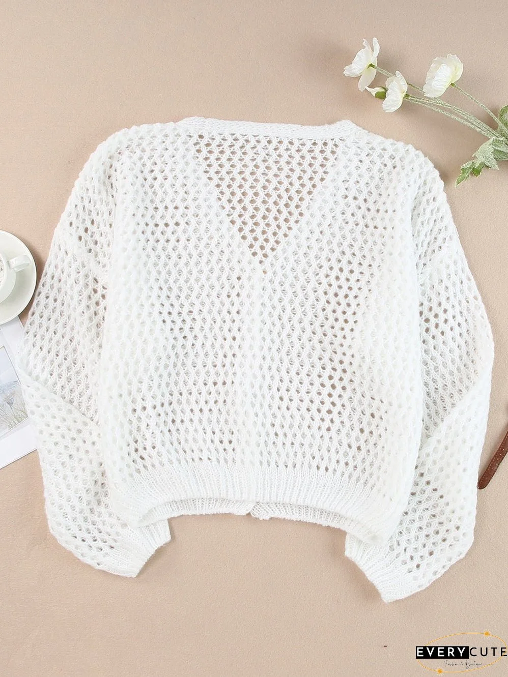 White Crochet Knit V-Neck Button-Up Cardigan