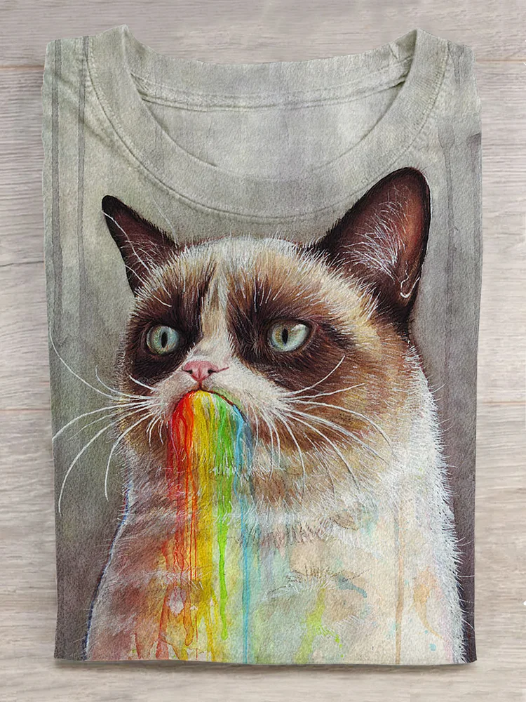 Cute Cat Art Print Casual T-shirt