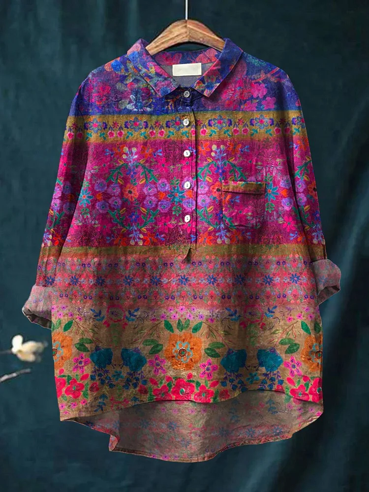Women's Vintage Flower Art Print Casual Cotton And Linen Shirt