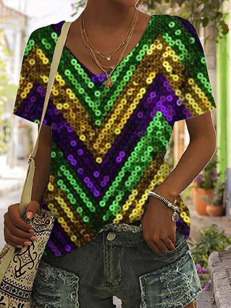 Comstylish Women's Mardi Gras Print V-Neck Short Sleeve T-Shirt
