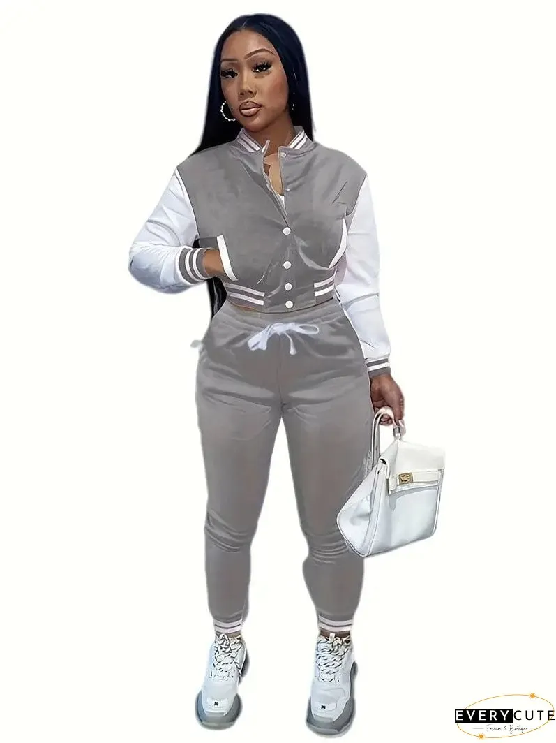 Stylish Women's Matching Set with Button-Up Bomber Jacket and Drawstring Pants