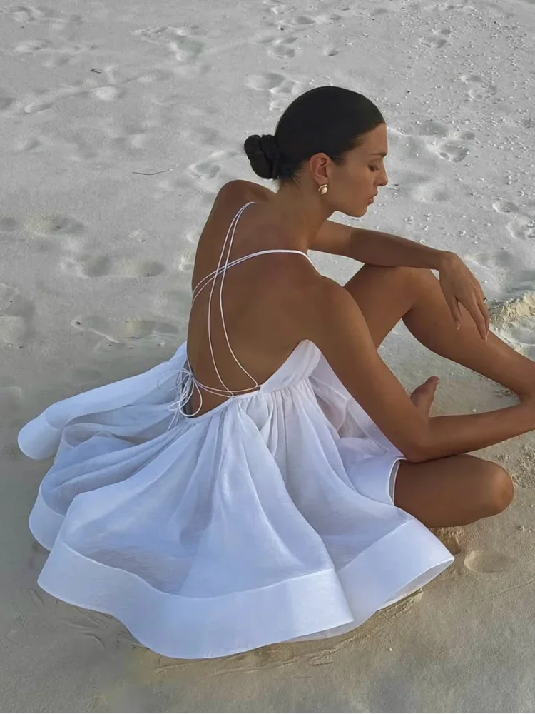 Sexy Backless Lace Up Women's Sling Chic Solid High Waist Party Beachwear Mini Dress