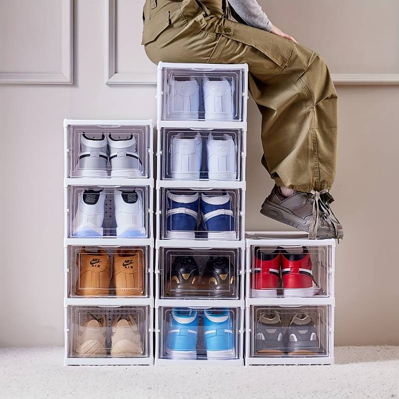 1pc 6-tier Boîtes À Chaussures Transparentes Avec Porte, Étagère À Chaussures Pliables Empilables Et Combinables Gratuitement, Conteneur De Baskets En Plastique, Organisateur De Rangement Gain De Place Pour Lentrée, La Chambre, La Maison, Le Dortoir détails 3
