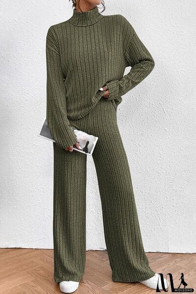 MidiSono - Ribbed Mock Neck Top and Pants Set