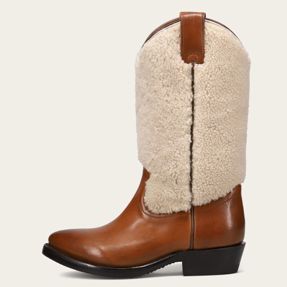 Brown & Beige Round Toe Low Chunky Heel Mid-Calf Cowgirl Boots