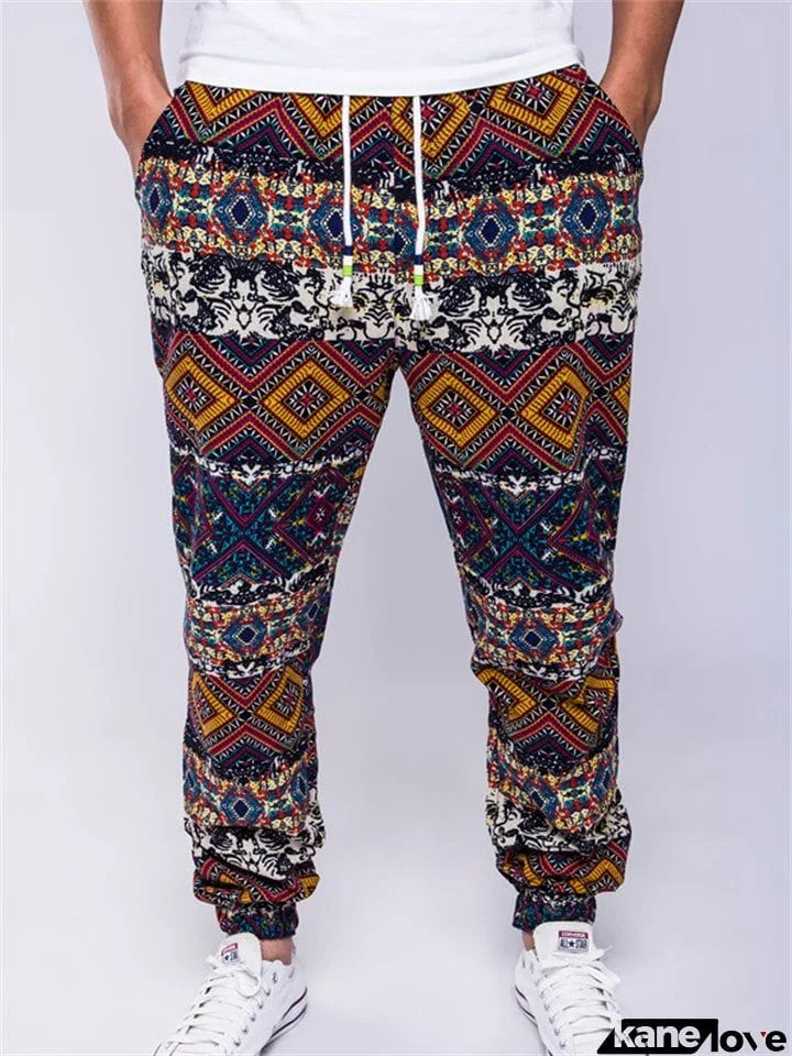 Male Spring Autumn Ethnic Style Printed Drawstring Trouser