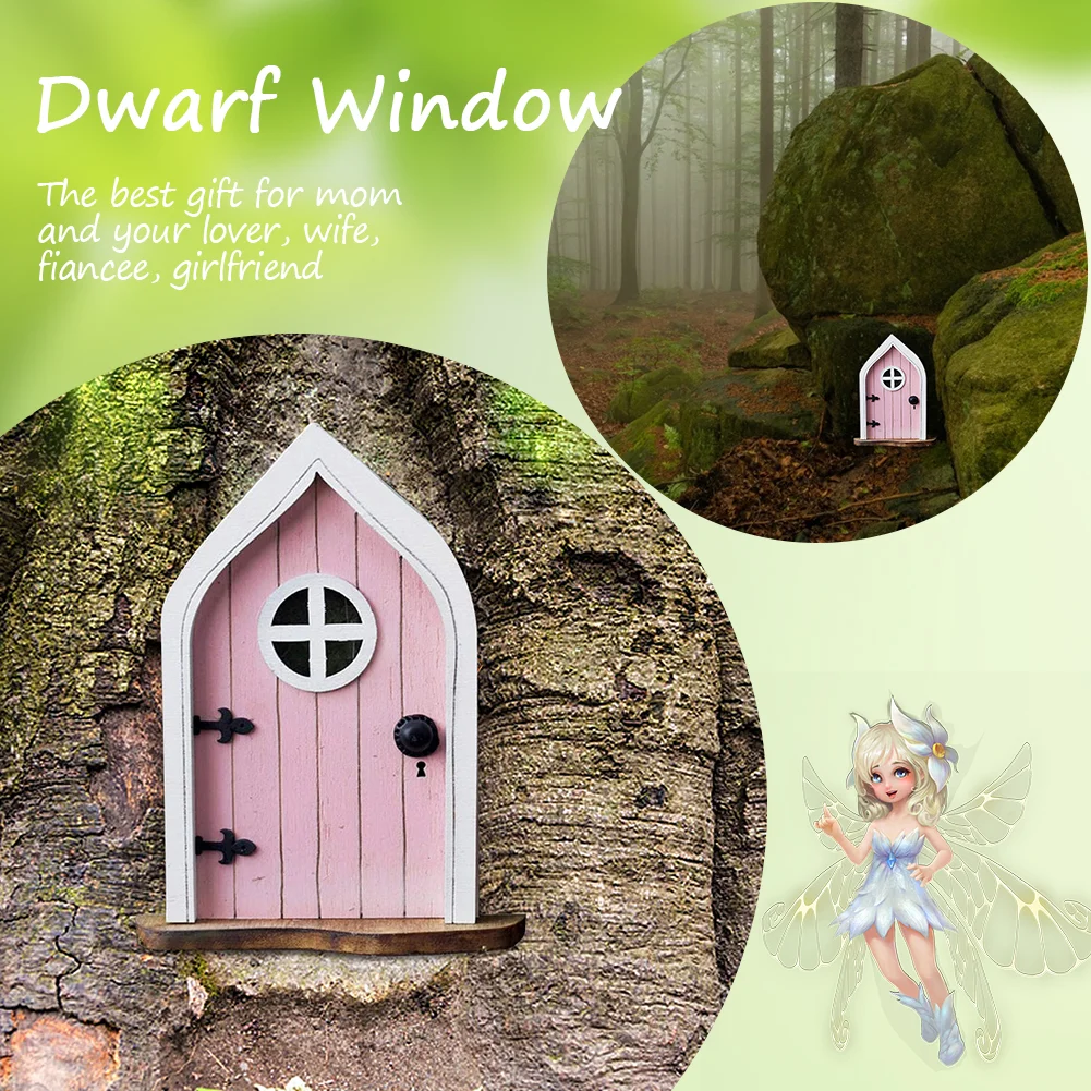 Wooden Miniature Fairy Dwarf Window Door Tree Yard Gnome Sculpture (B)